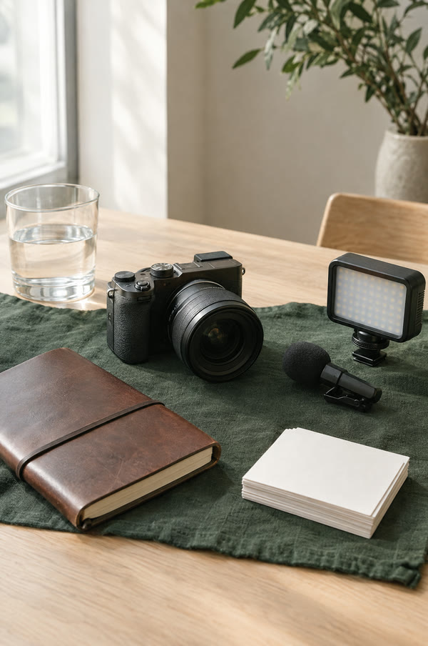 A tabletop of content tools: a mirrorless camera, a clip-on microphone, a small light panel, a notebook and blank cards. Illustrative image.