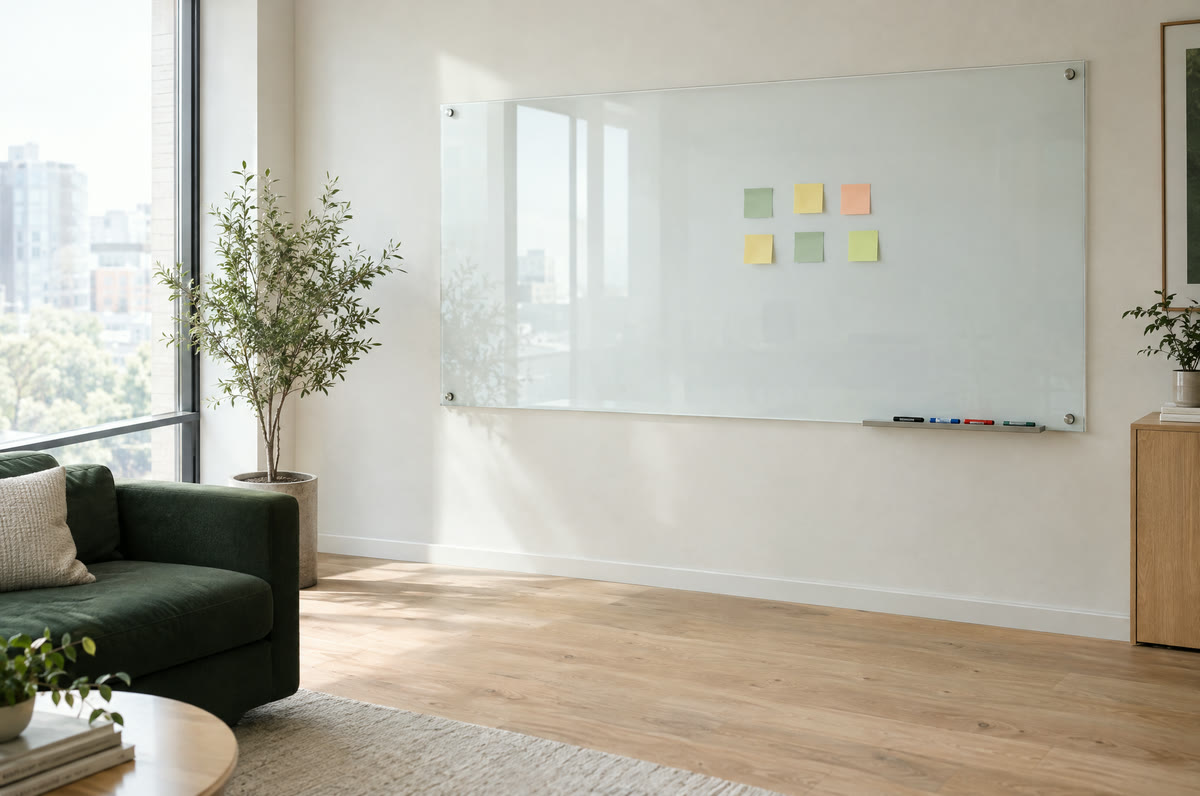 A wide glass whiteboard in a bright room with blank sticky notes in a loose grid and markers in a tray. Illustrative image.
